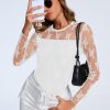 Womens Sexy Sheer Mesh Long Sleeve Tops Crew Neck Double Layered Tee Shirts Going Out Party Club Night Lace Blouse