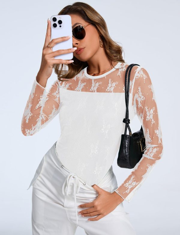 Womens Sexy Sheer Mesh Long Sleeve Tops Crew Neck Double Layered Tee Shirts Going Out Party Club Night Lace Blouse