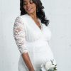 Women's Plus Size Amour Long Lace Wedding Gown, Bridal Dress with 3/4 Long Sleeves in Ivory Vintage-Inspired Lace
