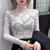 Women's Floral Lace Top Long Sleeve Mock See Through Mesh Underwear Blouse Shirt S-L
