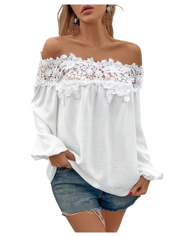 Women's Off Shoulder Lace Blouse Long Sleeve Dressy Shirts Vacation Tops