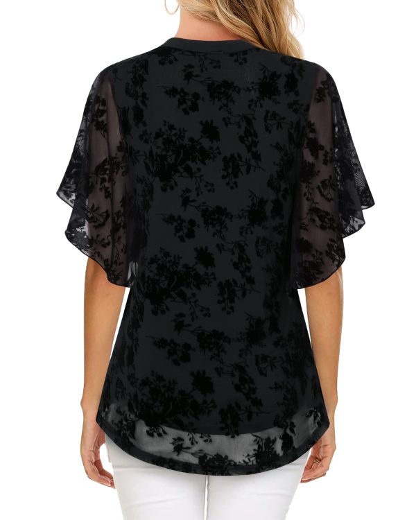 Women's Short Sleeve V Neck Blouses Shirts Floral Double Layers Mesh Tunics Tops