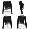 Women's Asymmetrical Sheer Lace T Shirt Sexy Slim Fit Long Sleeve Blouse Boat Neck Crop Top Tees