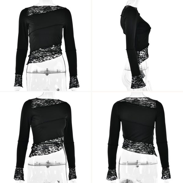 71cj2Jb0nRL.jpg Women's Asymmetrical Sheer Lace T Shirt Sexy Slim Fit Long Sleeve Blouse Boat Neck Crop Top Tees