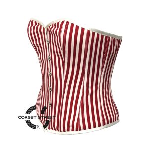 Women’s Red and White Striped Corset Satin Gothic Costume Overbust Bustier Top