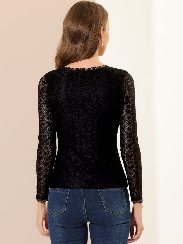 Women's Lace Tops Sheer Dressy Casual Floral Lace Long Sleeve Tops