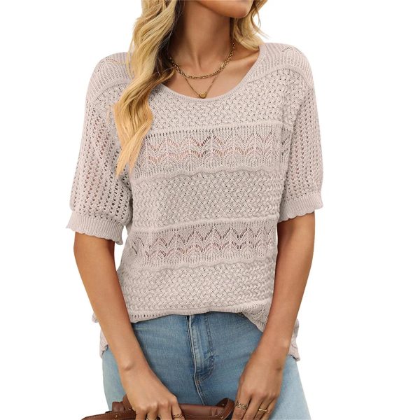 Women Short Sweater Hollow Out O Neck Pullover Knitted Tops Loose Fit Elegant Knit Shirt