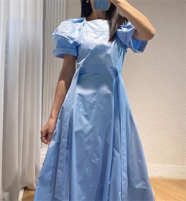71dsev0ScL.jpg Women's Bandage Waist Maxi Dress - Puff Sleeve Cotton Solid Color Spring Long Dress