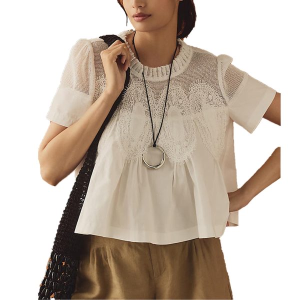 Women's Elegant Babydoll Style Lace Shirt Flared Swing Top with Sheer Mesh Lace Back Tunic Top