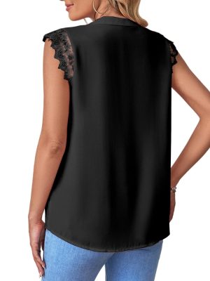 Women's Elegant Notch V Neck Lace Trim Cap Sleeve Blouse Shirt Sleeveless Top