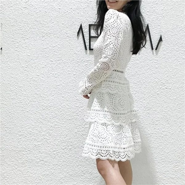 71eeMUCGekL.jpg Women's Wedding Guest Dress Spring Lace V-Neck Bohemian Gown Hollow Long Sleeve Sexy White Party Dress(Short_Large)