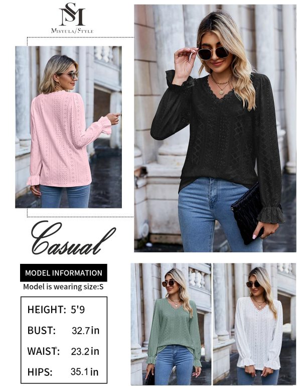 Misyula Womens Lace V Neck Puff Long Sleeve Eyelet Tops Dressy Business Casual Work Shirts Blouse S-XXL