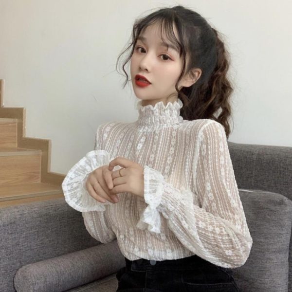 Lace Tops for Women Long Sleeve Mock Neck Sheer Blouse See Through Floral Lace Tops