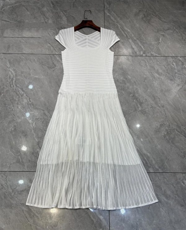 Women's Striped U-Neck Maxi Dress - Ruched High Waist A-Line Knitted Long Dress