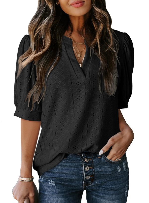 Womens Summer Business Casual Blouses V Neck Short Sleeve Shirts Hollow Out Cute Lace Tops