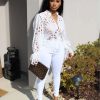 Women’s Sexy Ruffle Long Sleeve Summer Lace Tops 2025 Puff Flare Shirt V Neck Hollow Out Button Down Tunic Blouses