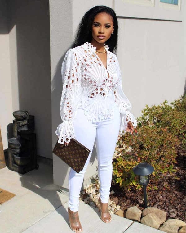 Women’s Sexy Ruffle Long Sleeve Summer Lace Tops 2025 Puff Flare Shirt V Neck Hollow Out Button Down Tunic Blouses