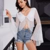 Women's Lace Tops Tie Front Bell Long Sleeve Sheer Blouse Crop Tops