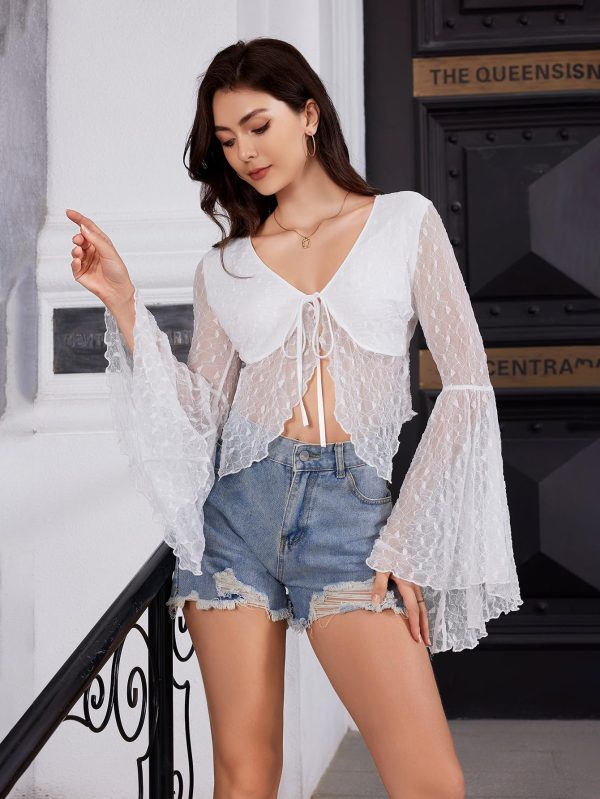Women's Lace Tops Tie Front Bell Long Sleeve Sheer Blouse Crop Tops