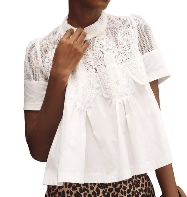 Women Lace Poplin Flared Blouse Mesh Sheer Swing Babydoll Tops Elegant Short Sleeve Crewneck Eyelet Embroidered Shirts