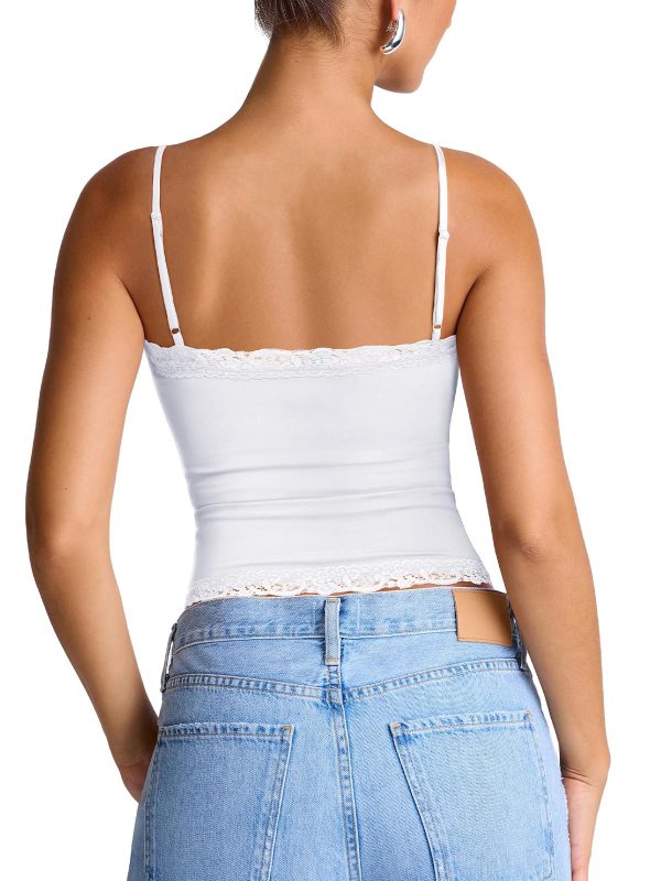 Women's Sexy Square Neck Lace Cami Tank Tops Fitted Double Lined Sleeveless Crop Spaghetti Strap Summer Y2k Tops