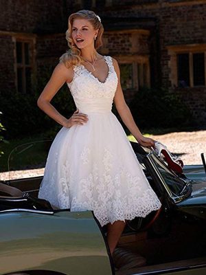 Short Lace Wedding Dresses Knee Length Travel Tulle Rhinestones V-Neck Lace Up Bride Gowns Vintage Dress