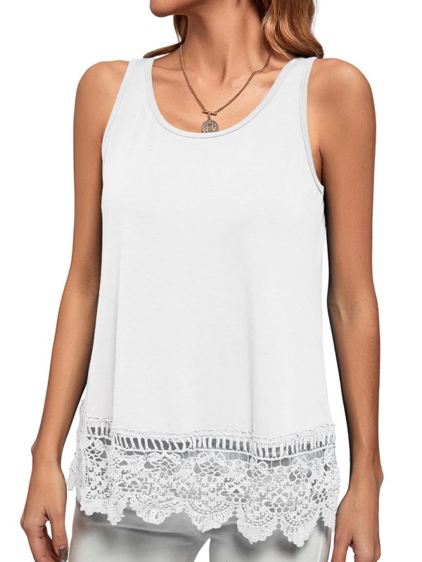 Women's Lace Hem Boat Neck Sleeveless Swing Trim Loose Tank Tops Blouse
