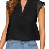 Women's Elegant Notch V Neck Lace Trim Cap Sleeve Blouse Shirt Sleeveless Top