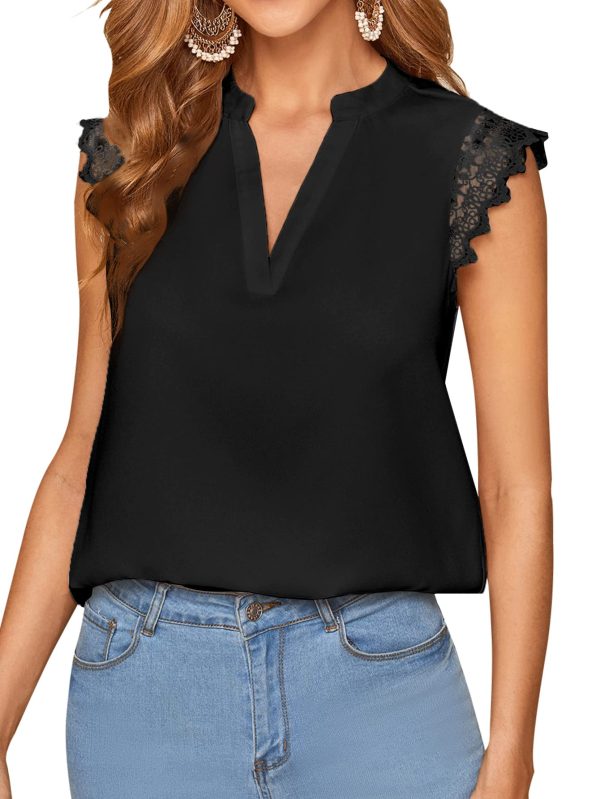 Women's Elegant Notch V Neck Lace Trim Cap Sleeve Blouse Shirt Sleeveless Top