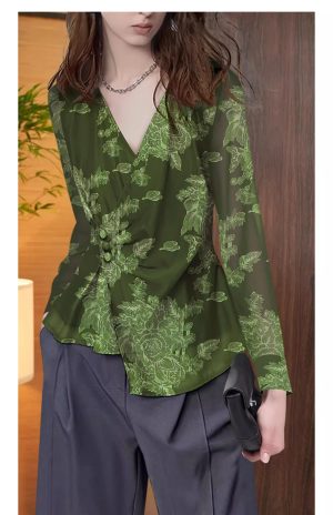 Ladies' Summer Long-Sleeved Chiffon Shirt Navy Blue for Parties Yacht Clubs Blouse for Women