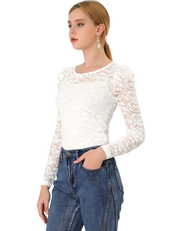 71ijw6ZAPsL.jpg Women's Long Sleeve Lace Top Mesh Sheer Fitted Elegant Blouse