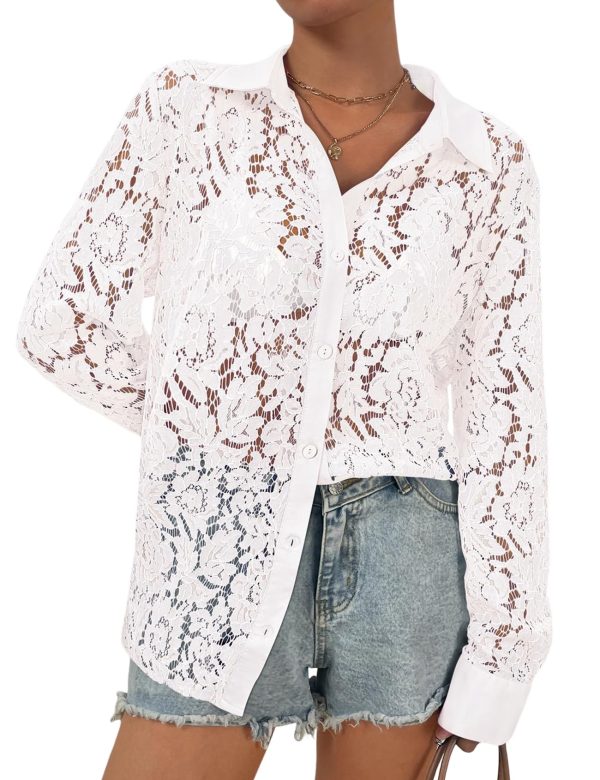 Lace-Tops for Women: Sheer Lace Long Sleeve Top, Elegant Dressy Blouse, Sheer Tops for Women