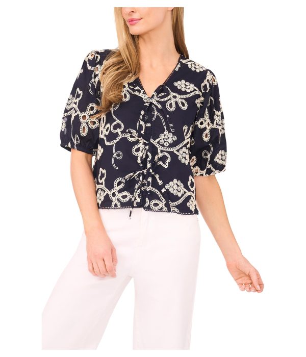 Women's Embrodiery Short Sleeve Open Tie Front Top