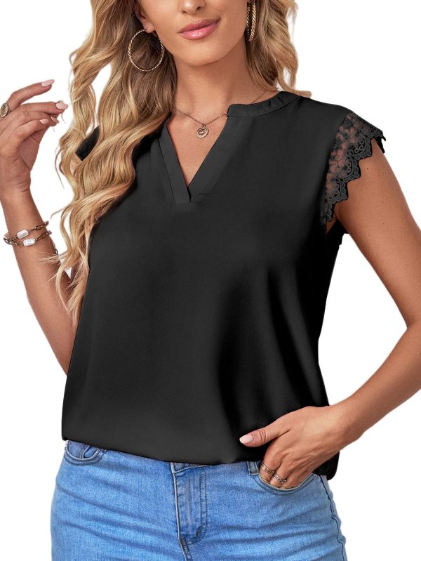 Women's Elegant Notch V Neck Lace Trim Cap Sleeve Blouse Shirt Sleeveless Top