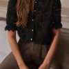 Womens 2025 Spring Lace Tops Short Puff Sleeve Casual Dressy Blouses Eyelet Crew Neck Button Down Shirts