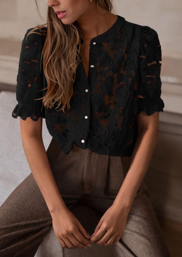 71kJruTzJJL.jpg Womens 2025 Spring Lace Tops Short Puff Sleeve Casual Dressy Blouses Eyelet Crew Neck Button Down Shirts
