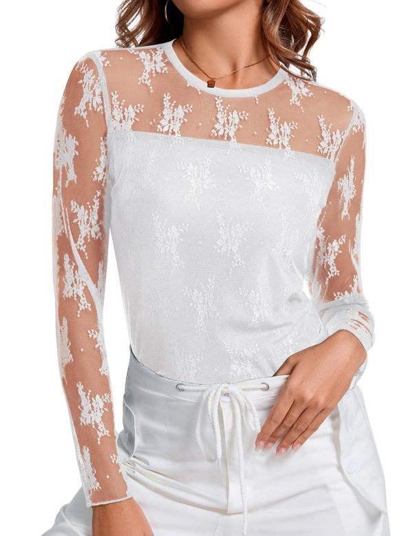 Womens Sexy Sheer Mesh Long Sleeve Tops Crew Neck Double Layered Tee Shirts Going Out Party Club Night Lace Blouse