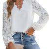 Women Lace Elegant Blouse Long Sleeve Eyelet V Neck Dressy Party Floral Tops Scalloped V Neck