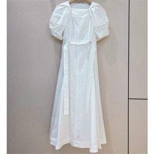 Women's Bandage Waist Maxi Dress - Puff Sleeve Cotton Solid Color Spring Long Dress
