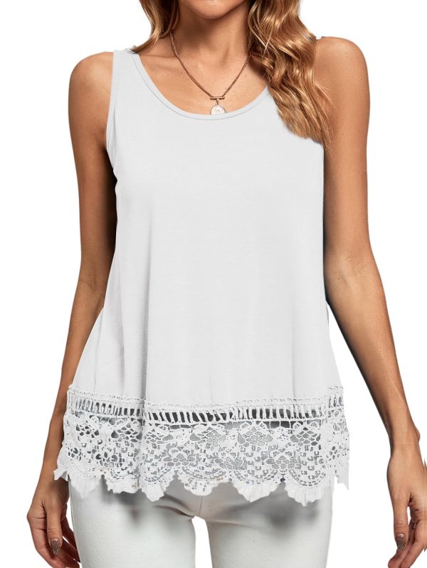 Women's Lace Hem Boat Neck Sleeveless Swing Trim Loose Tank Tops Blouse