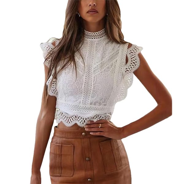 Women's Hollowed Lace Blouse Soft Sleeveless Ruffle Trim Elegant Summer Shirt Tops