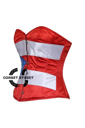 Women’s Red White And Blue Satin Puerto-Rico Flag Overbust Corset Top