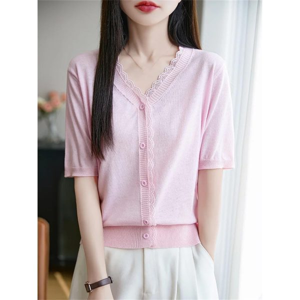 Women's Thin Fine Spun Wool T-Shirt Lace V-Neck Cardigan T-Shirt Knit Solid Color Clothes Fashion Casual
