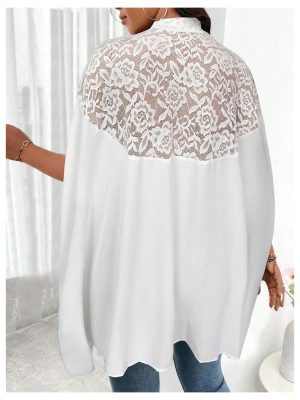 Women's Plus Size Contrast Lace Oversized Dolman Sleeve Mock Neck Tunic Tops