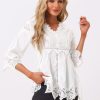 Women's Lace Trim Chiffon Elegant Spring Hollow Out 3/4 Sleeve V Neck Shirts