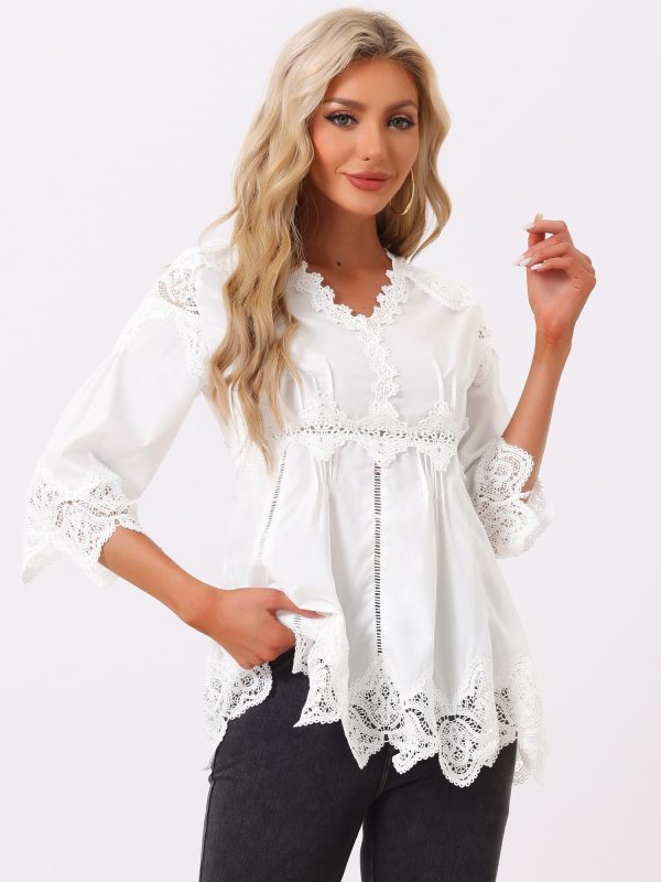 Women's Lace Trim Chiffon Elegant Spring Hollow Out 3/4 Sleeve V Neck Shirts