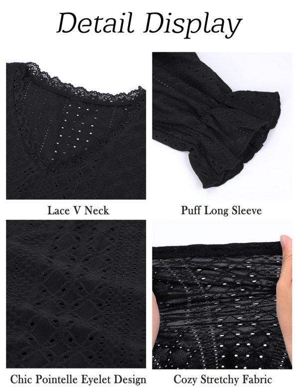 Misyula Womens Lace V Neck Puff Long Sleeve Eyelet Tops Dressy Business Casual Work Shirts Blouse S-XXL