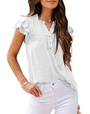 Women's V Neck Lace Crochet Shirts Button Down Short Sleeve Casual Blouse Tops