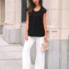 Womens Lace Tops Pleated Short Sleeve Shirts Summer Business Casual Dressy Blouses