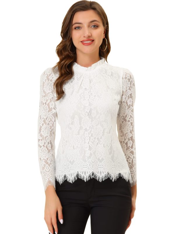 Women's Lace Top Long Sleeve Ruffle Neck Floral Blouse